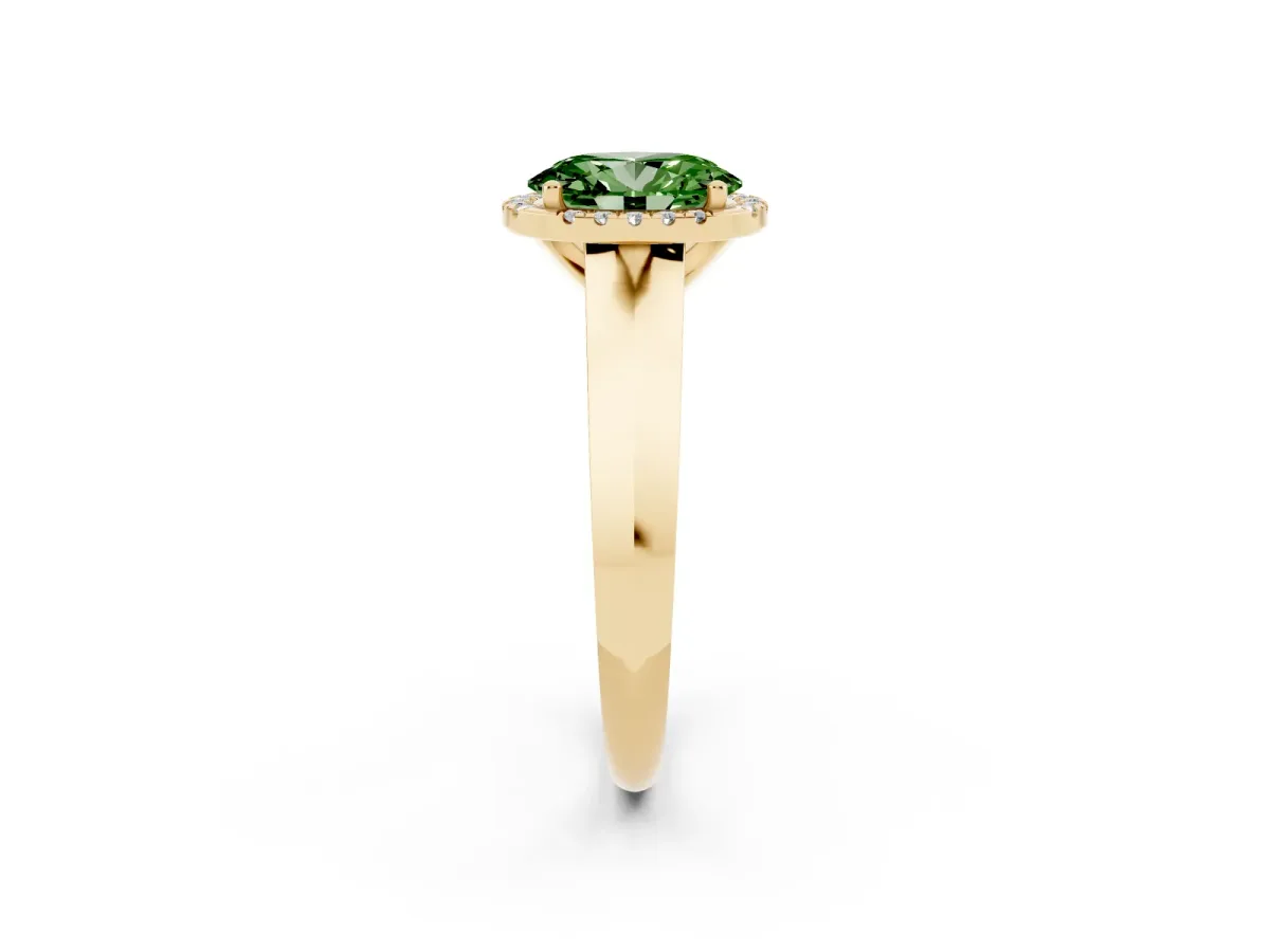 Fancy Green Oval Cut Halo Diamond Ring with Cathedral Band and Four-Prong Setting Yellow gold