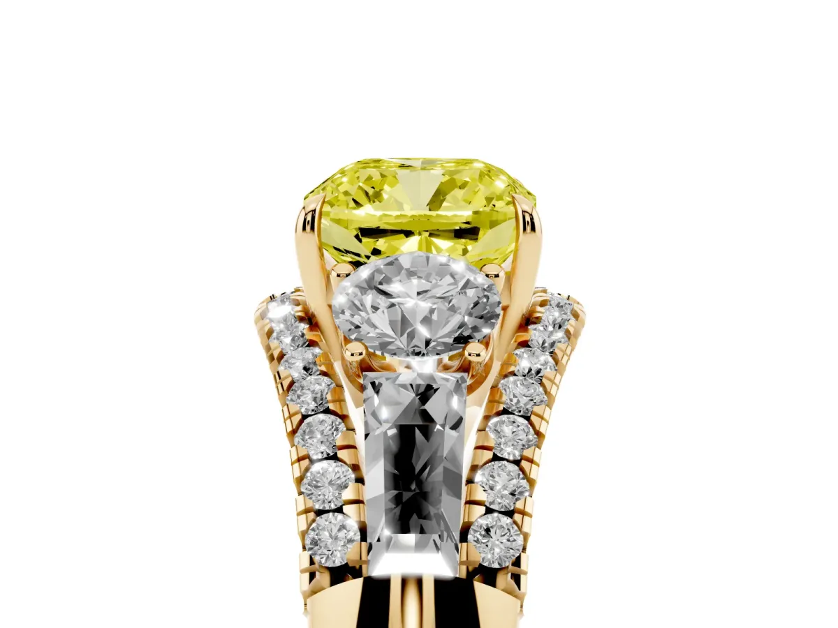 Fancy Yellow Three-Stone Cushion Cut Diamond Engagement Ring with Pave Band and Prong Setting Yellow gold