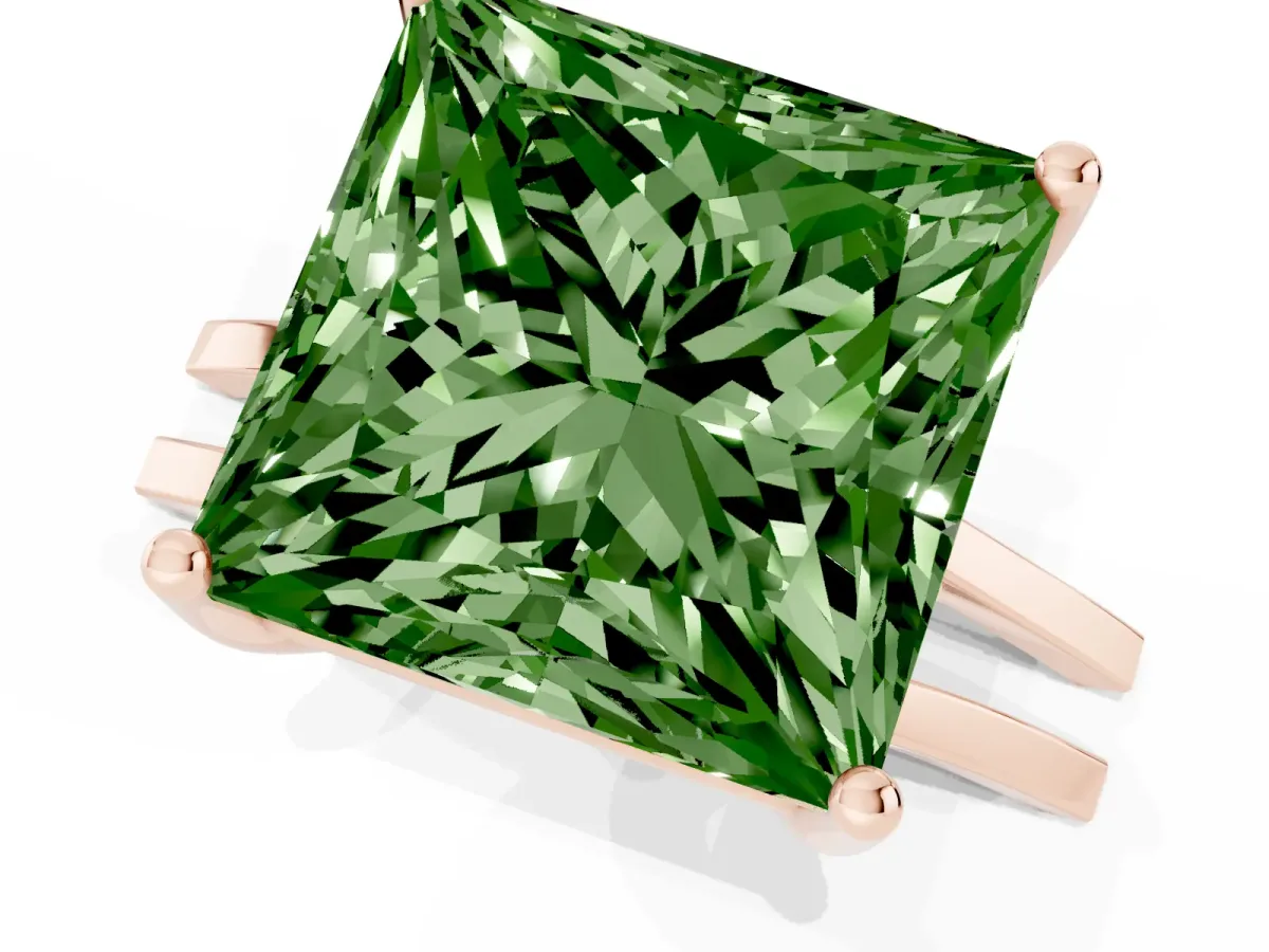 Fancy Green Princess Cut Cut Diamond Solitaire Engagement Ring with Tapered Plain Band and Four-Prong Setting Rose gold