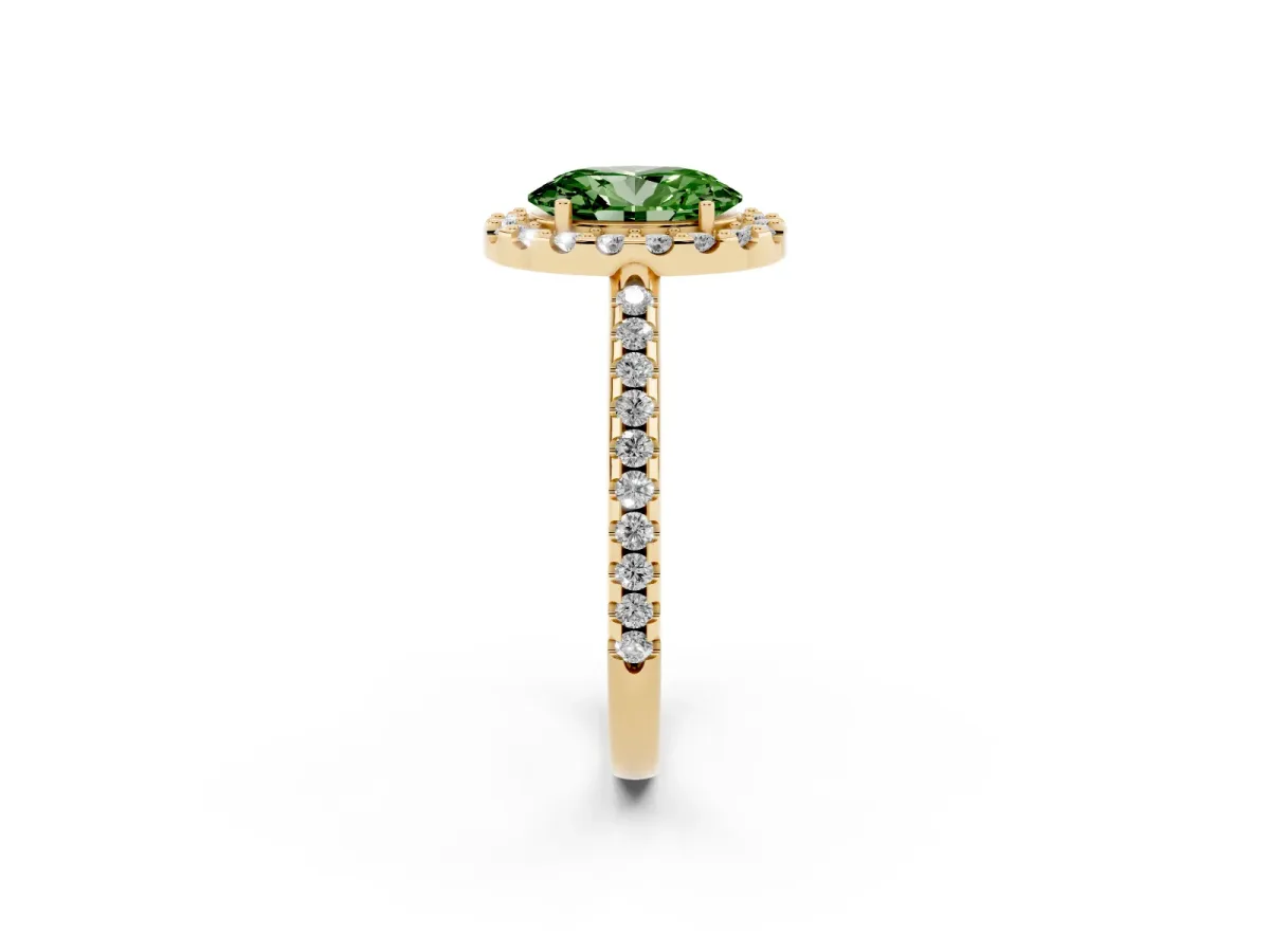Fancy Green Oval Cut Diamond Pavé Halo Ring with Four-Prong Setting Yellow gold
