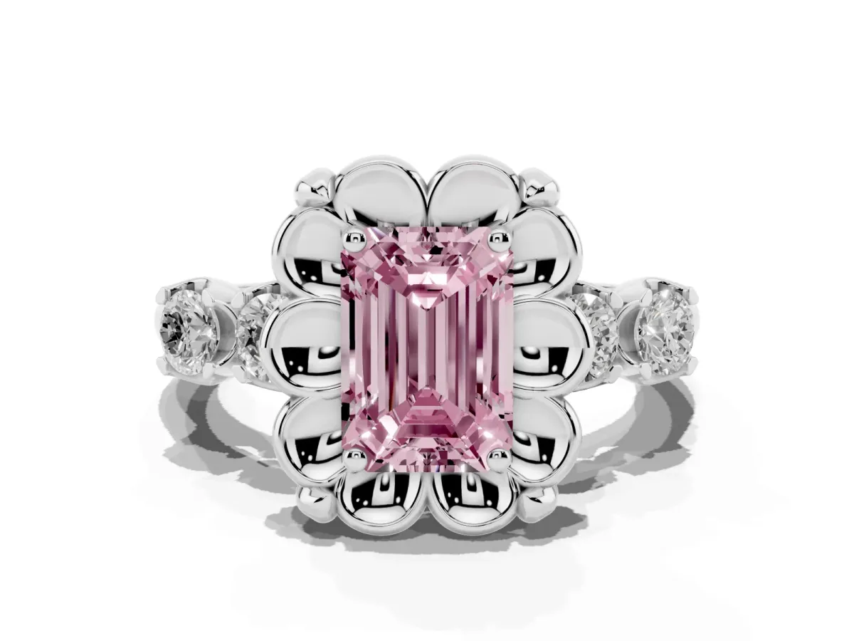 Fancy Pink Emerald Cut Cut Diamond Floral Halo Engagement Ring with Shared Prong Setting Silver