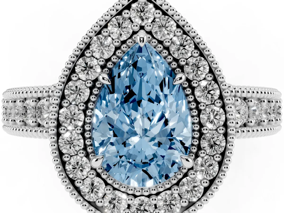 Fancy Blue Pear Cut Cut Halo Diamond Ring with Pavé Band and Four-Prong Setting Platinum