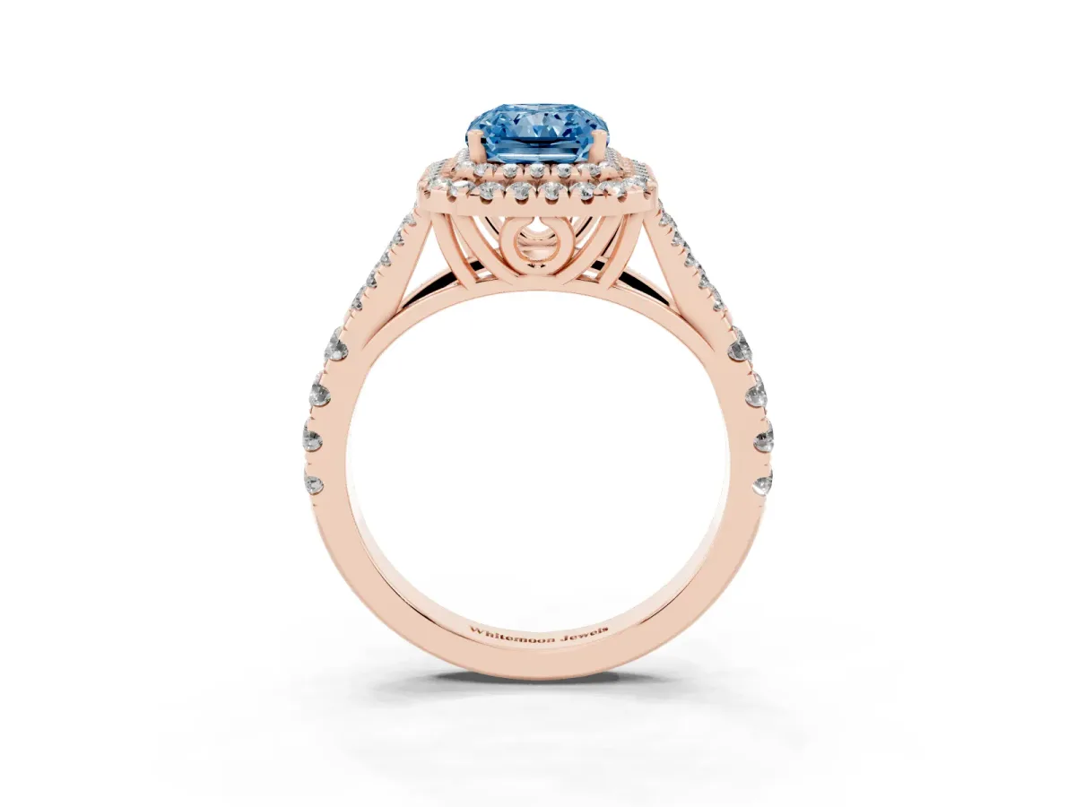 Fancy Blue Radiant Cut Diamond Double Halo Ring with Split Shank and Prong Setting Rose gold