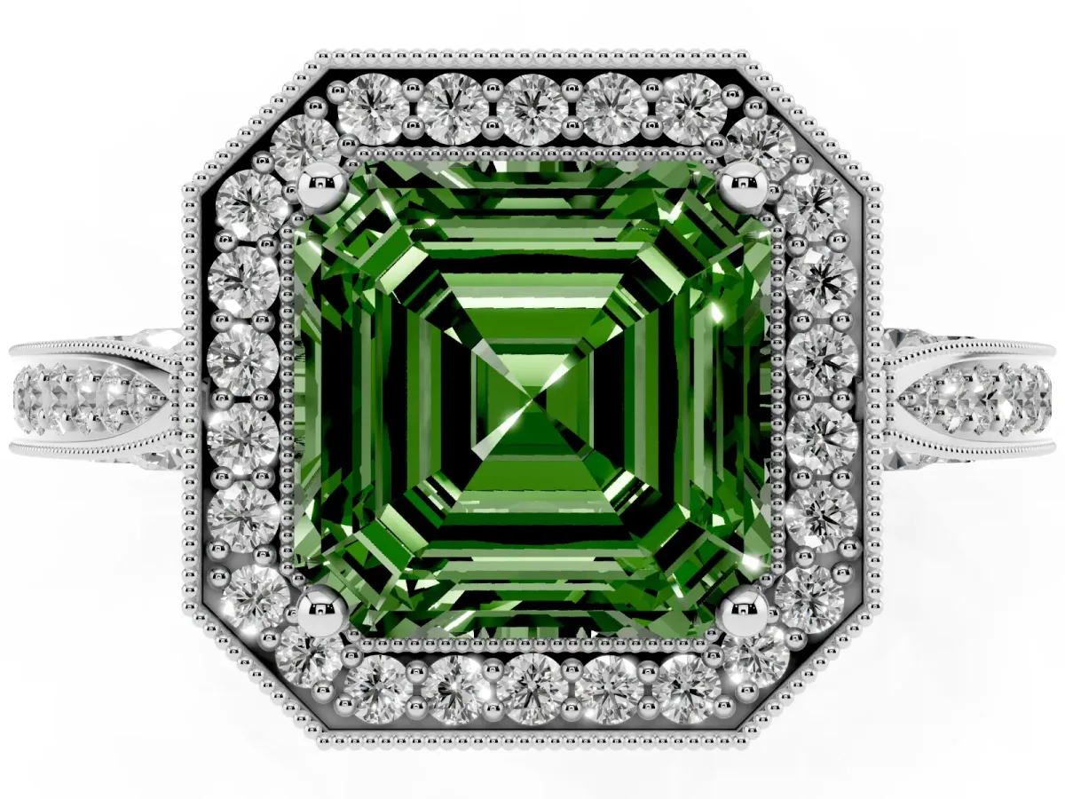 Fancy Green Asscher Cut Halo Diamond Engagement Ring with Split Shank Band and Four-Prong Setting Platinum