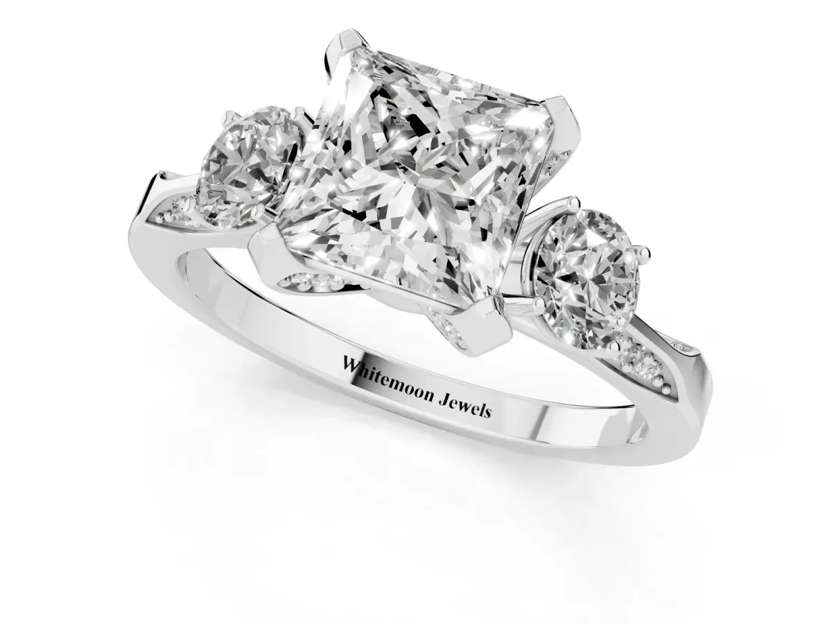 Princess Cut Brilliant Three-Stone Diamond Ring with Pavé Band and Four-Prong Setting White gold