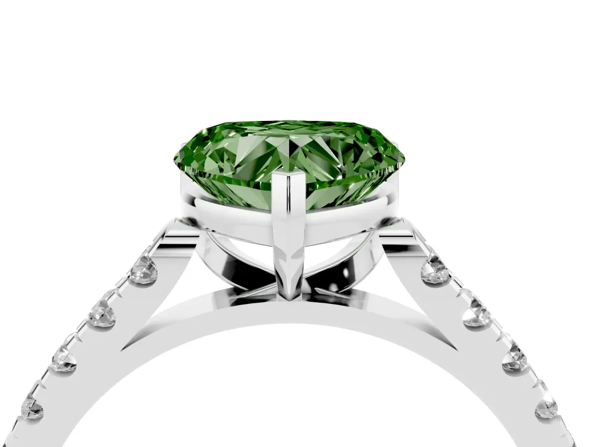 Fancy Green Heart Cut Diamond Pavé Band Solitaire Ring with Prong Setting Silver