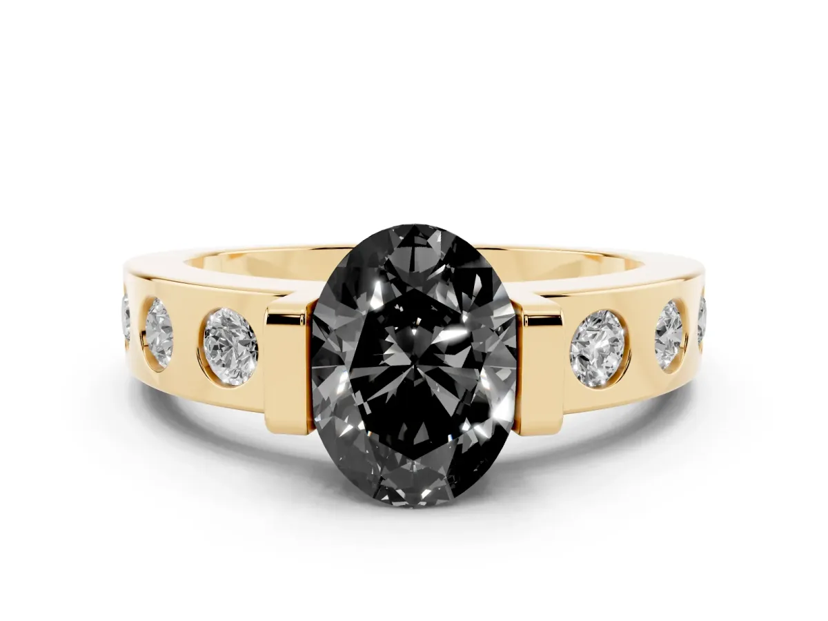 Fancy Black Oval Cut Brilliant Channel-Set Diamond Ring with Bezel Prong Setting Yellow gold