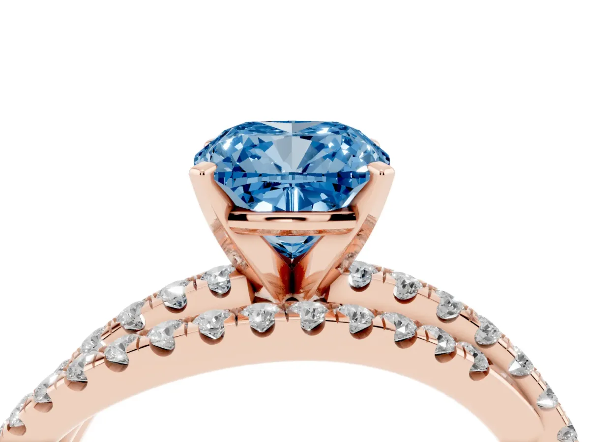 Fancy Blue Cushion Cut Solitaire Twist Band with Pavé Setting and Four-Prong Setting Rose gold