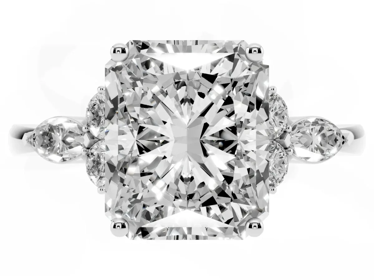 Radiant Cut Brilliant Diamond Solitaire Ring with Pear Side Stones and Four-Prong Setting Silver