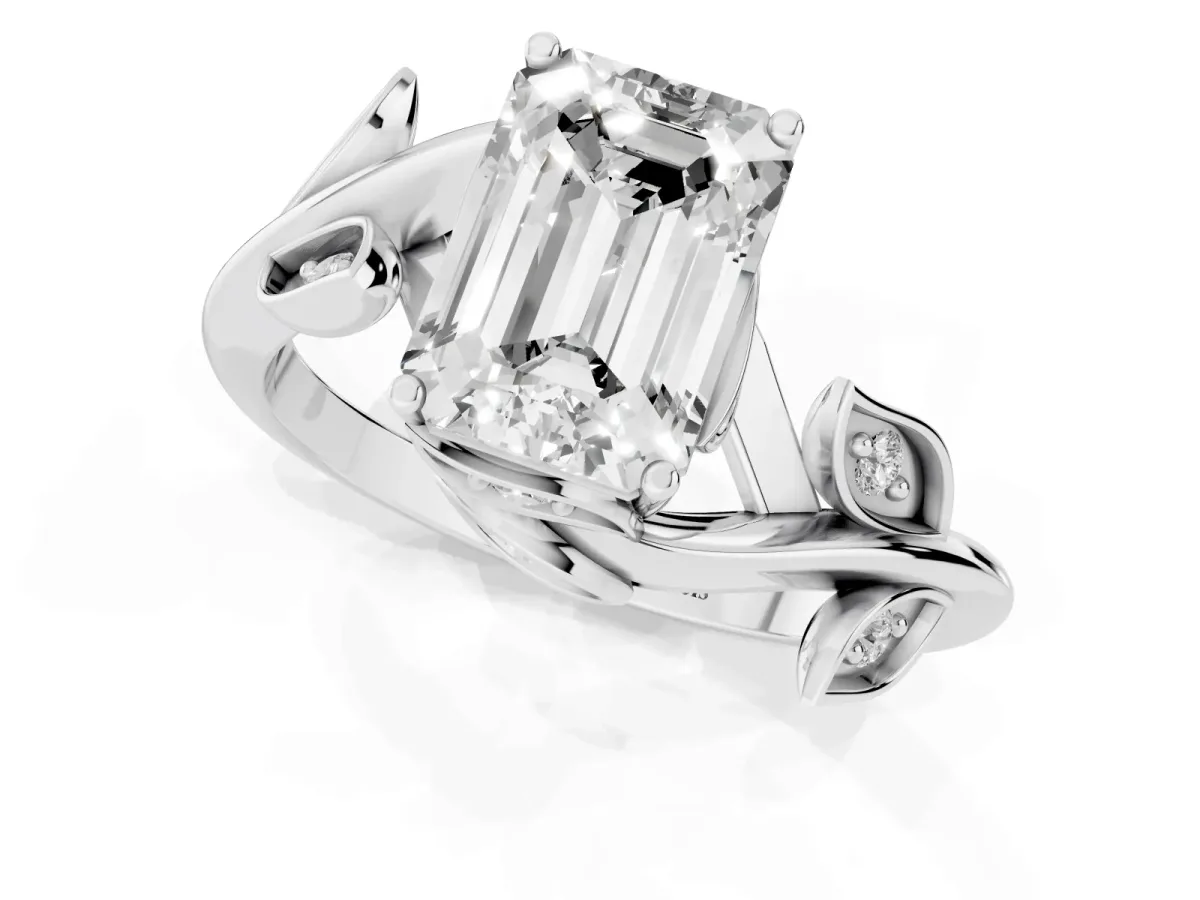 Emerald Cut Solitaire Twist Engagement Ring with Leaf Accents and Prong Setting Silver