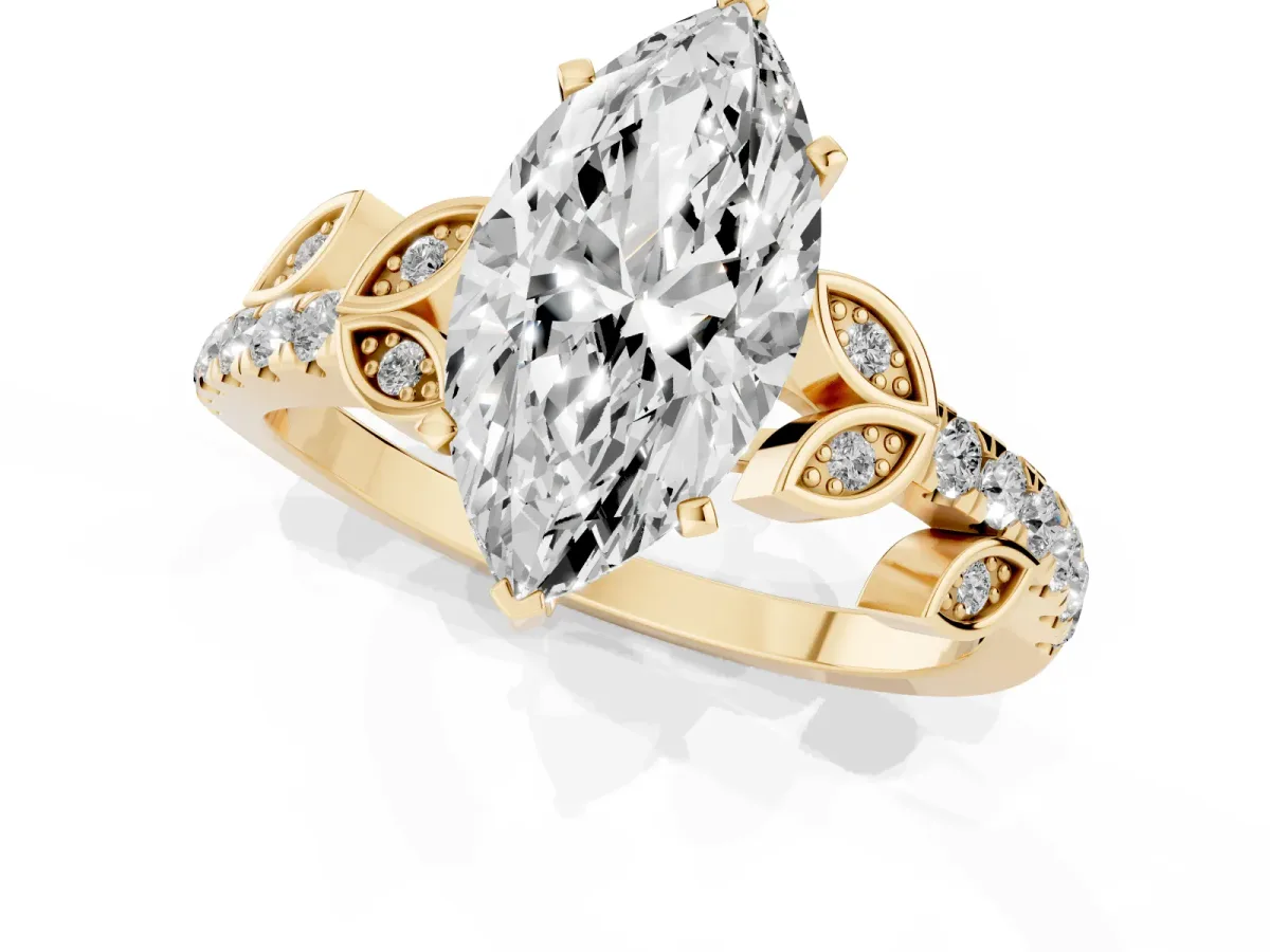 Marquise Cut Solitaire Leaf-Inspired Diamond Ring with Pavé Band and Four-Prong Setting Yellow gold