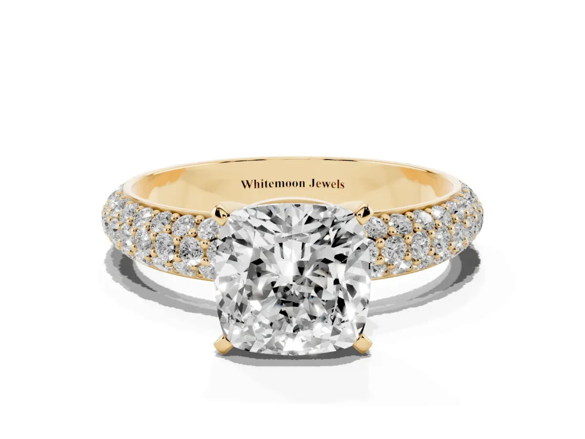 Cushion Cut Diamond Solitaire Ring with Prong Setting and Pavé Band Yellow gold