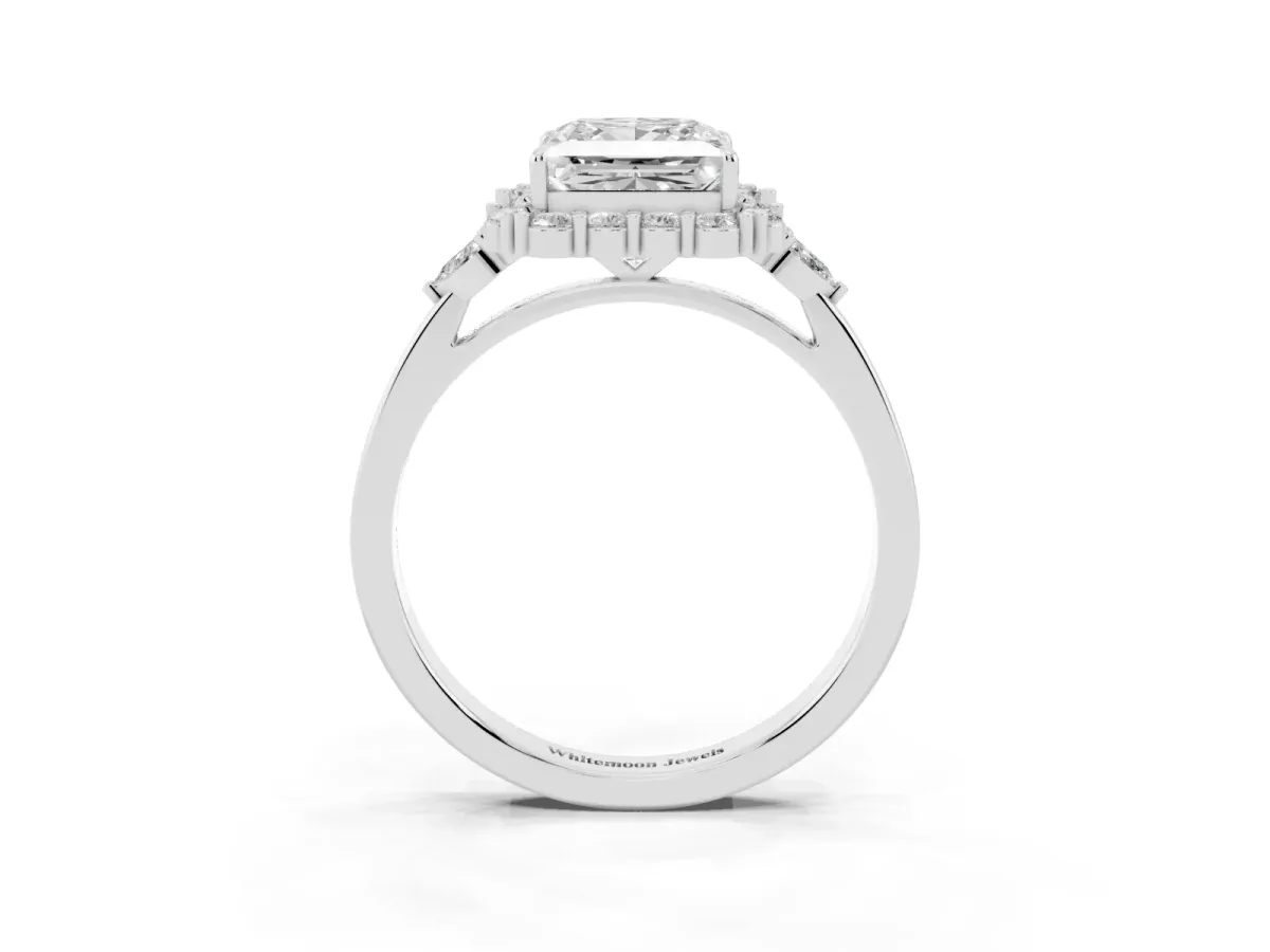 Princess Cut Diamond Halo Ring with Pear Side Stones and Prong Setting Silver