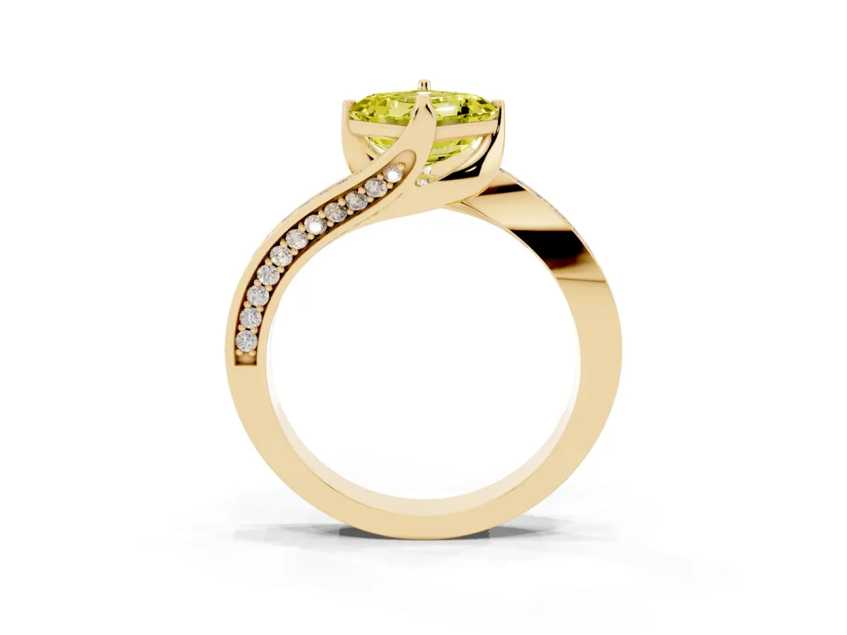 Fancy Yellow Asscher Cut Solitaire Diamond Twist Band with Pavé Setting and Four-Prong Setting Yellow gold