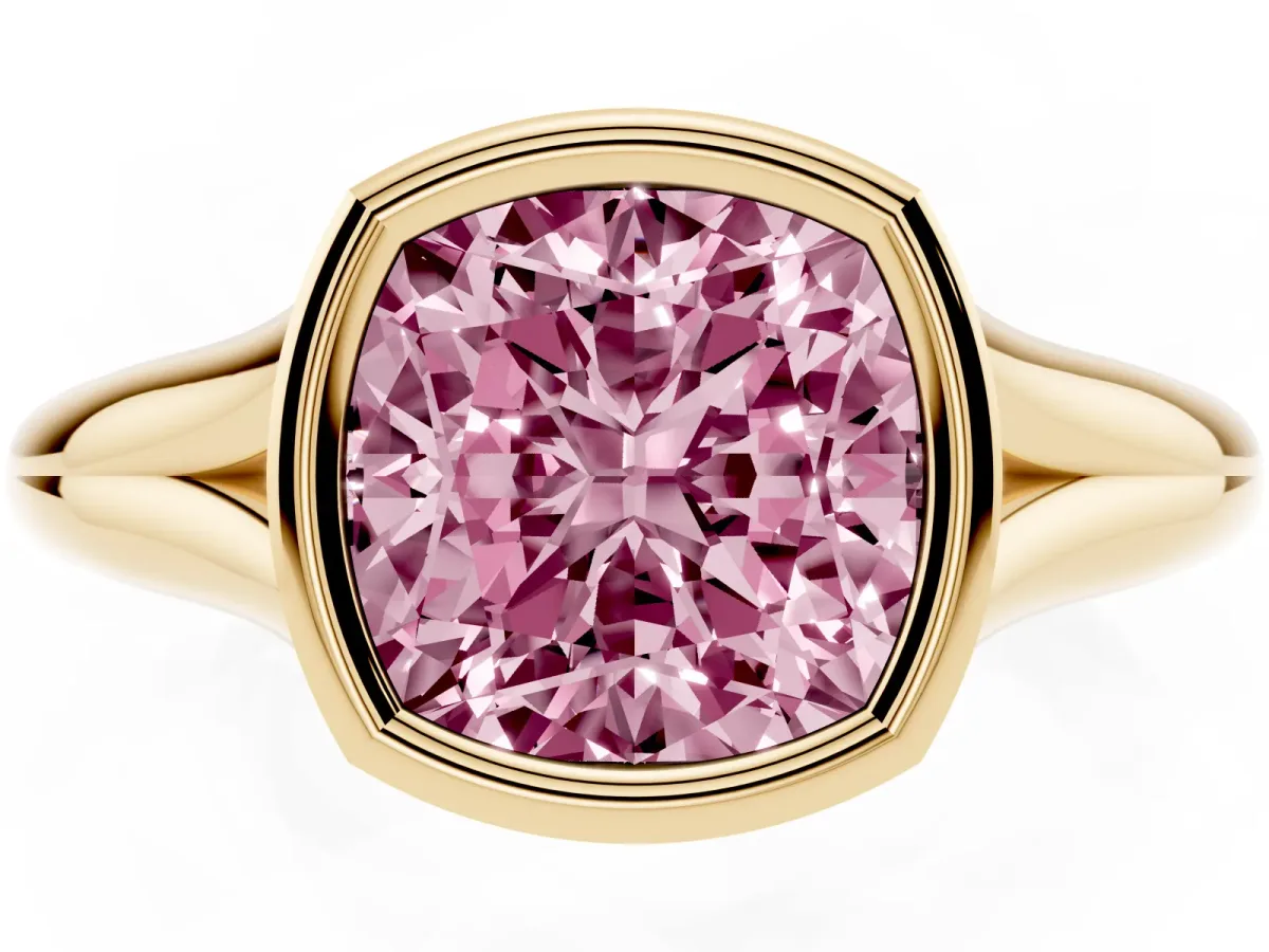 Fancy Pink Bezel Set Cushion Cut Solitaire Diamond Ring with Smooth Band Yellow gold