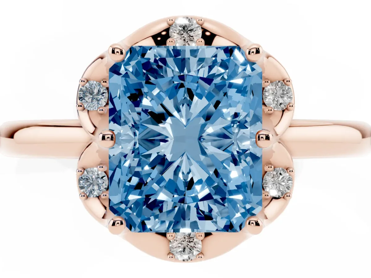 Fancy Blue Radiant Cut Halo Diamond Ring with Round Cluster Setting, Solitaire Band, and Four-Prong Setting Rose gold