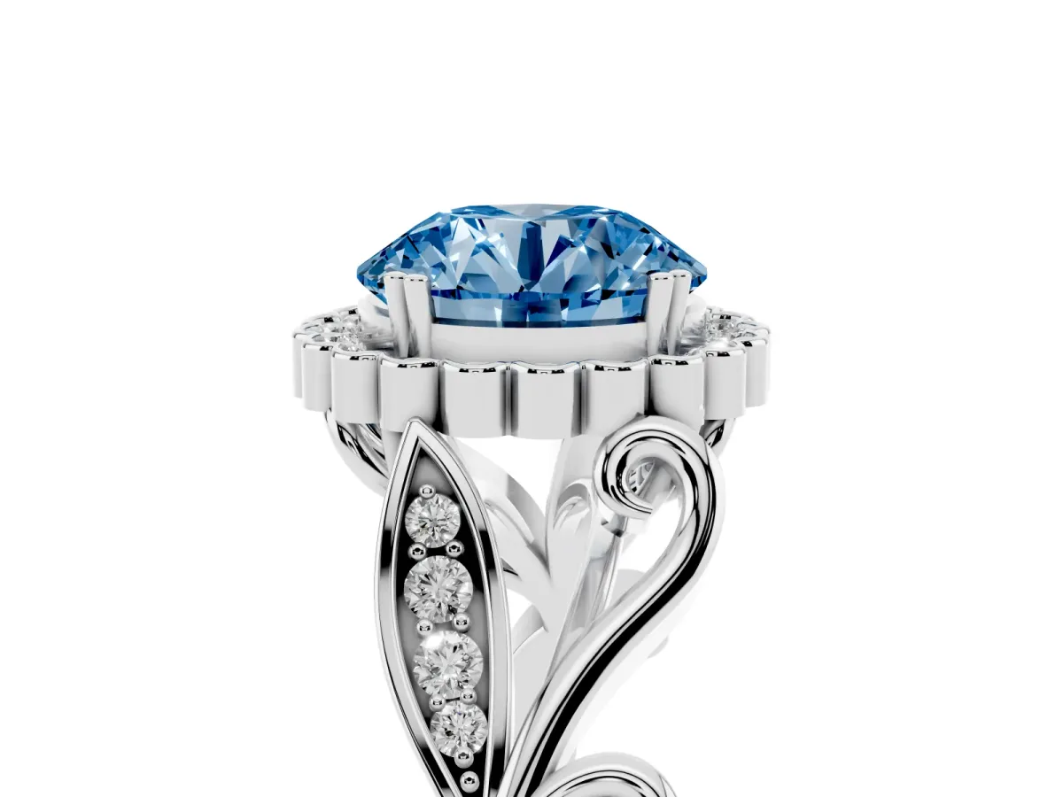 Fancy Blue Round Cut Diamond Halo Ring with Vintage Split Shank and Four-Prong Setting Silver