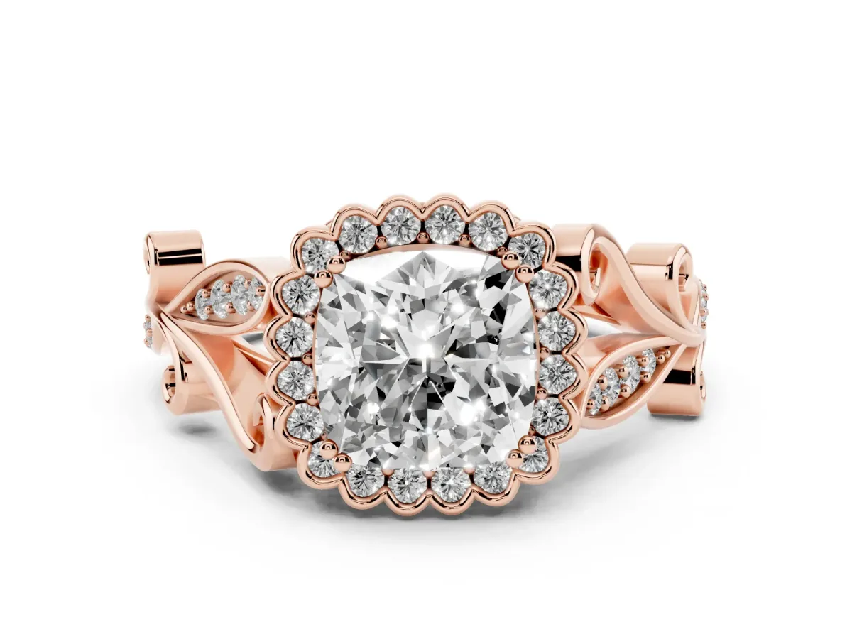 Cushion Cut Diamond Halo Ring with Vintage Split Shank and Four-Prong Setting Rose gold