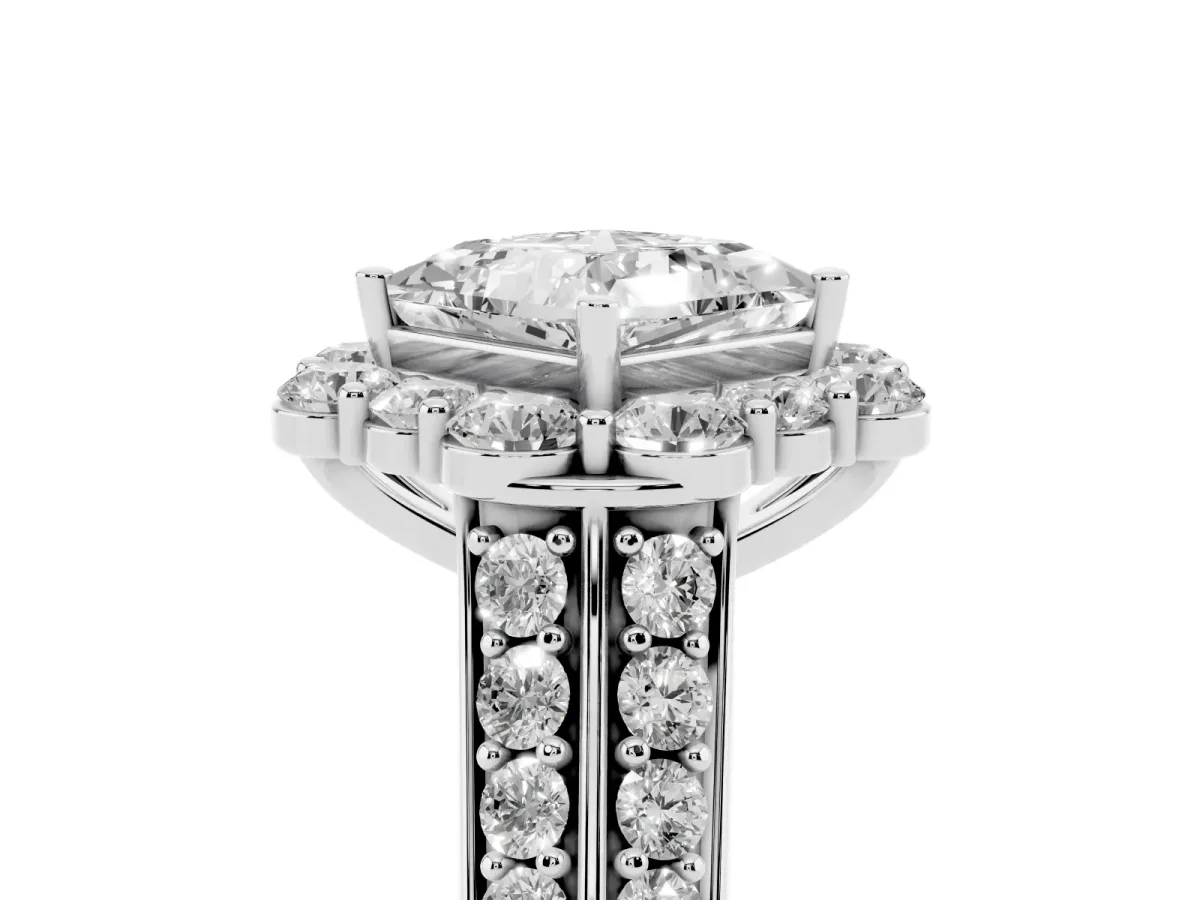 Princess Cut Halo Diamond Engagement Ring with Split Shank and Prong Setting Silver