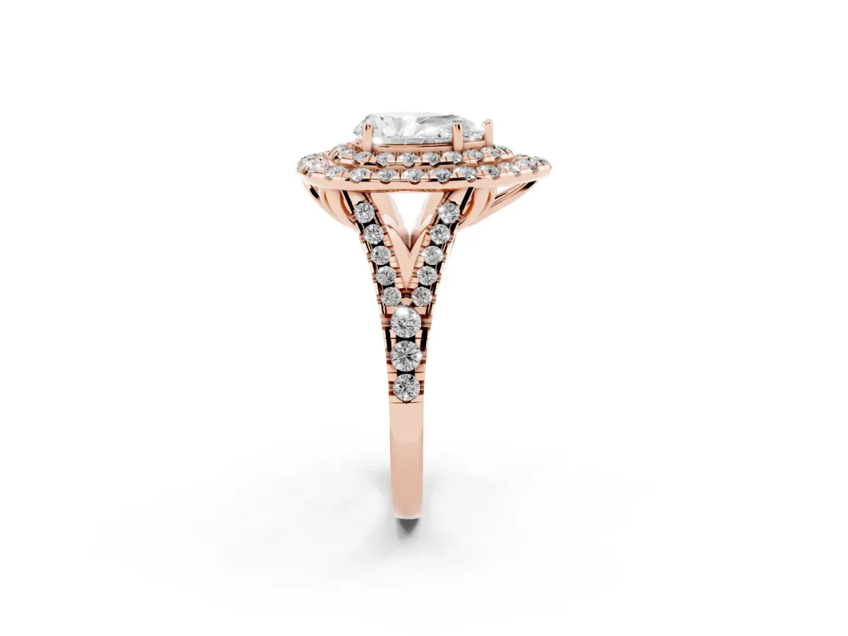 Double Halo Pear Cut Diamond Pavé Split Shank Ring with Prong Setting Rose gold