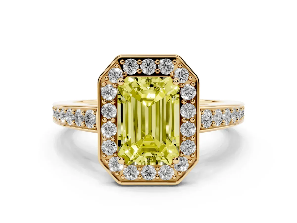 Fancy Yellow Emerald Cut Halo Pavé Diamond Engagement Ring with Bezel Setting Yellow gold