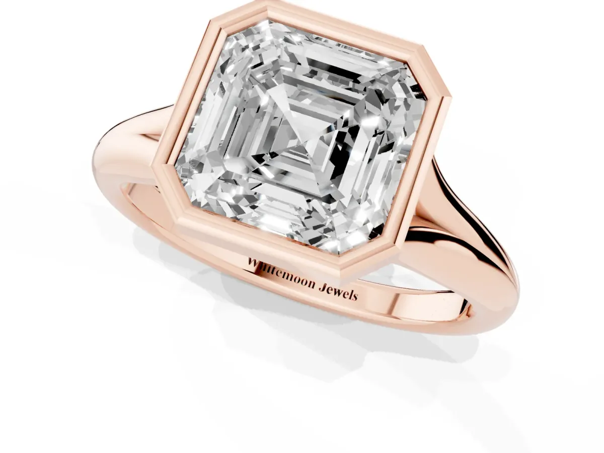 Bezel Set Asscher Cut Solitaire Diamond Ring with Smooth Band Rose gold