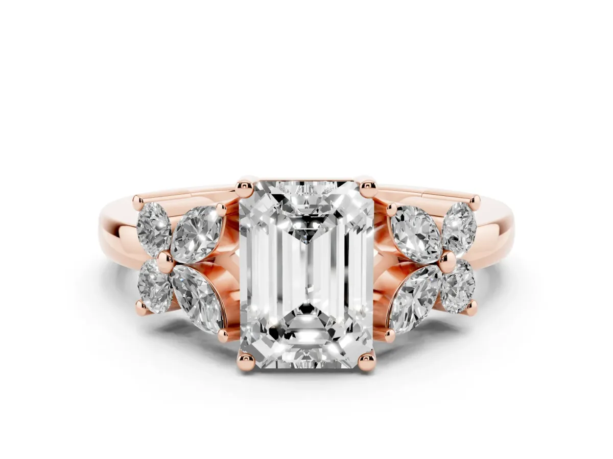 Emerald Cut Diamond Floral Cluster Ring with Solitaire Band and Prong Setting Rose gold