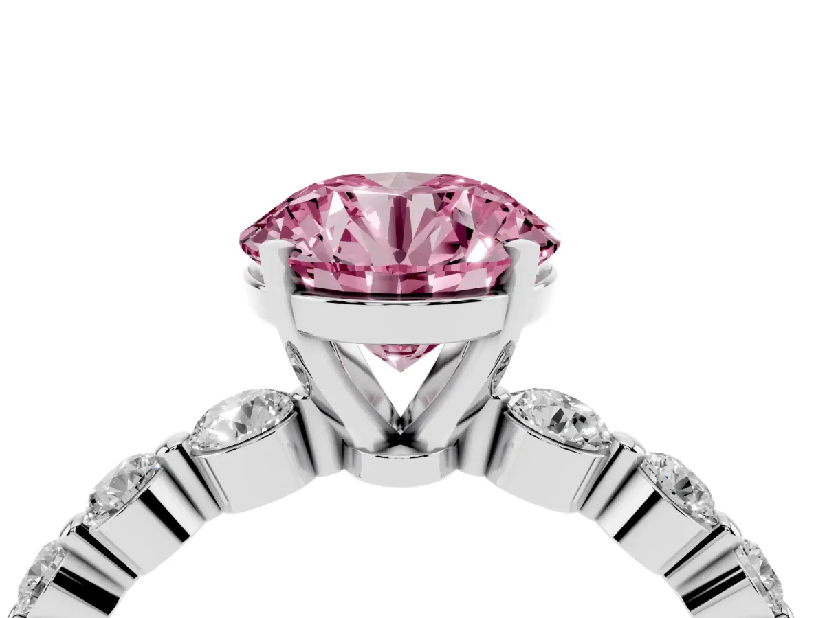 Fancy Pink Round Cut Solitaire Diamond Ring with Pave Band and Four-Prong Setting Platinum