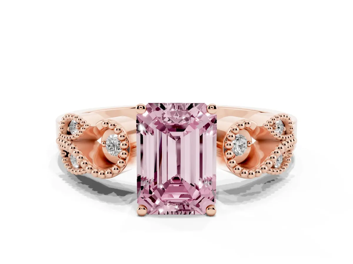 Fancy Pink Emerald Cut Solitaire Milgrain Leaf Band with Prong Setting Rose gold