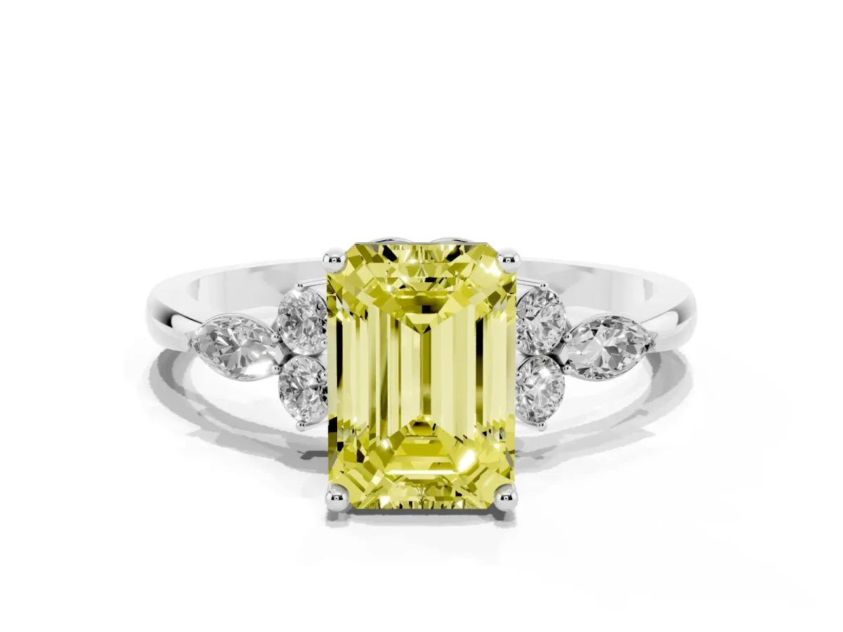 Fancy Yellow Emerald Cut Brilliant Diamond Solitaire Ring with Pear Side Stones and Four-Prong Setting White gold