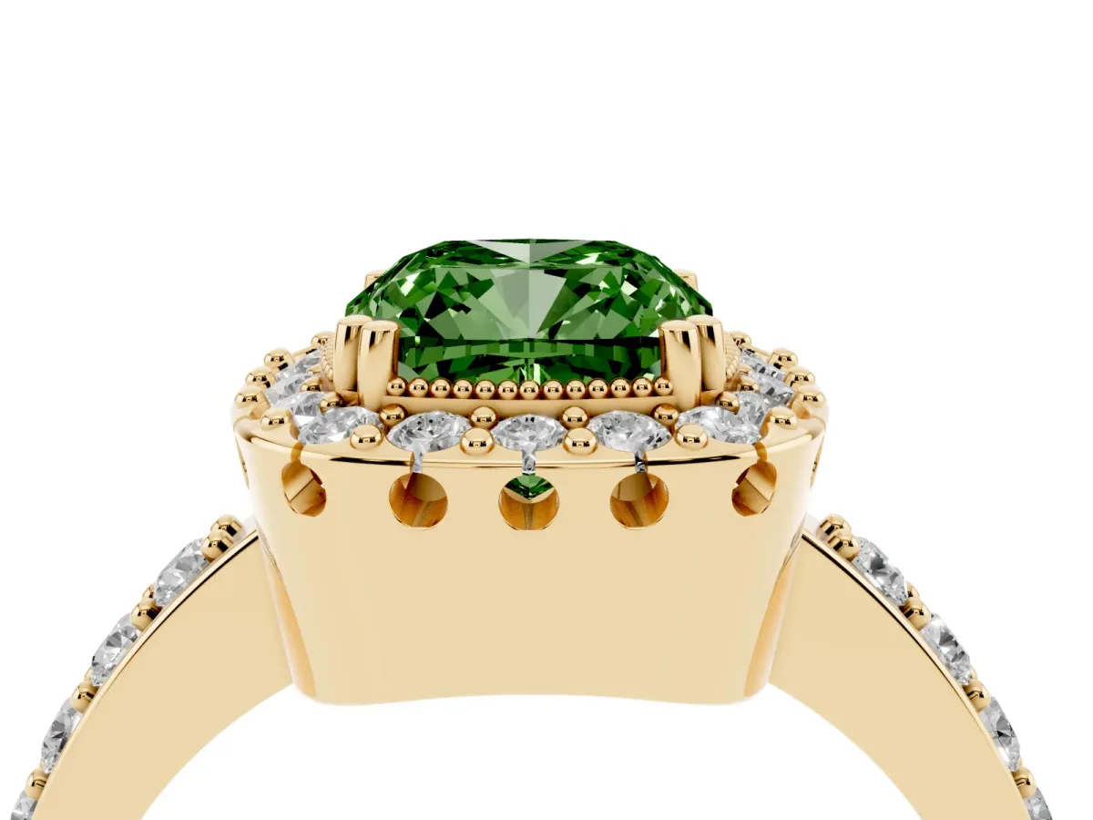 Fancy Green Cushion Cut Diamond Halo Ring with Pavé Band and Prong Setting Yellow gold