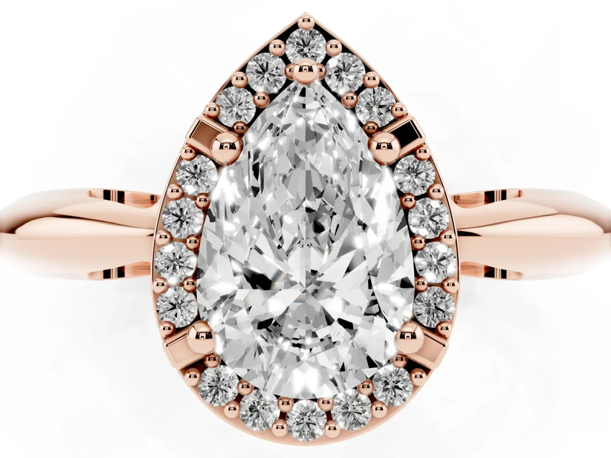Pear Cut Cut Diamond Halo Engagement Ring with Split Shank and Four-Prong Setting Rose gold