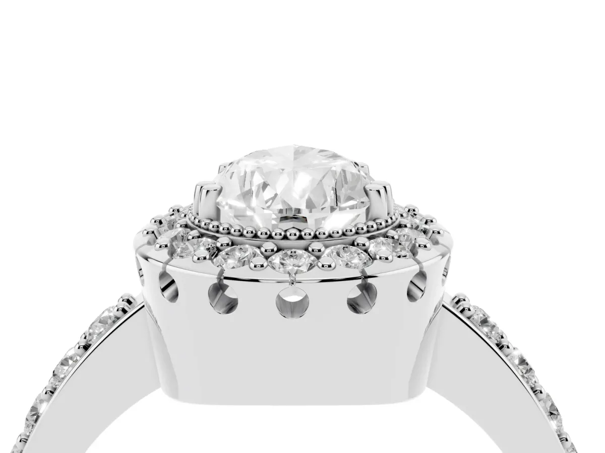 Pear Cut Diamond Halo Ring with Pavé Band and Prong Setting Silver