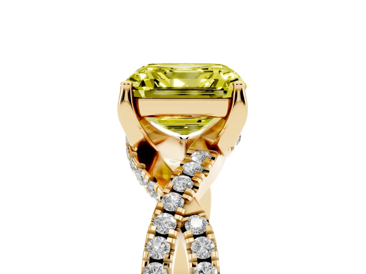 Fancy Yellow Asscher Cut Solitaire Twist Pave Diamond Engagement Ring with Prong Setting Yellow gold