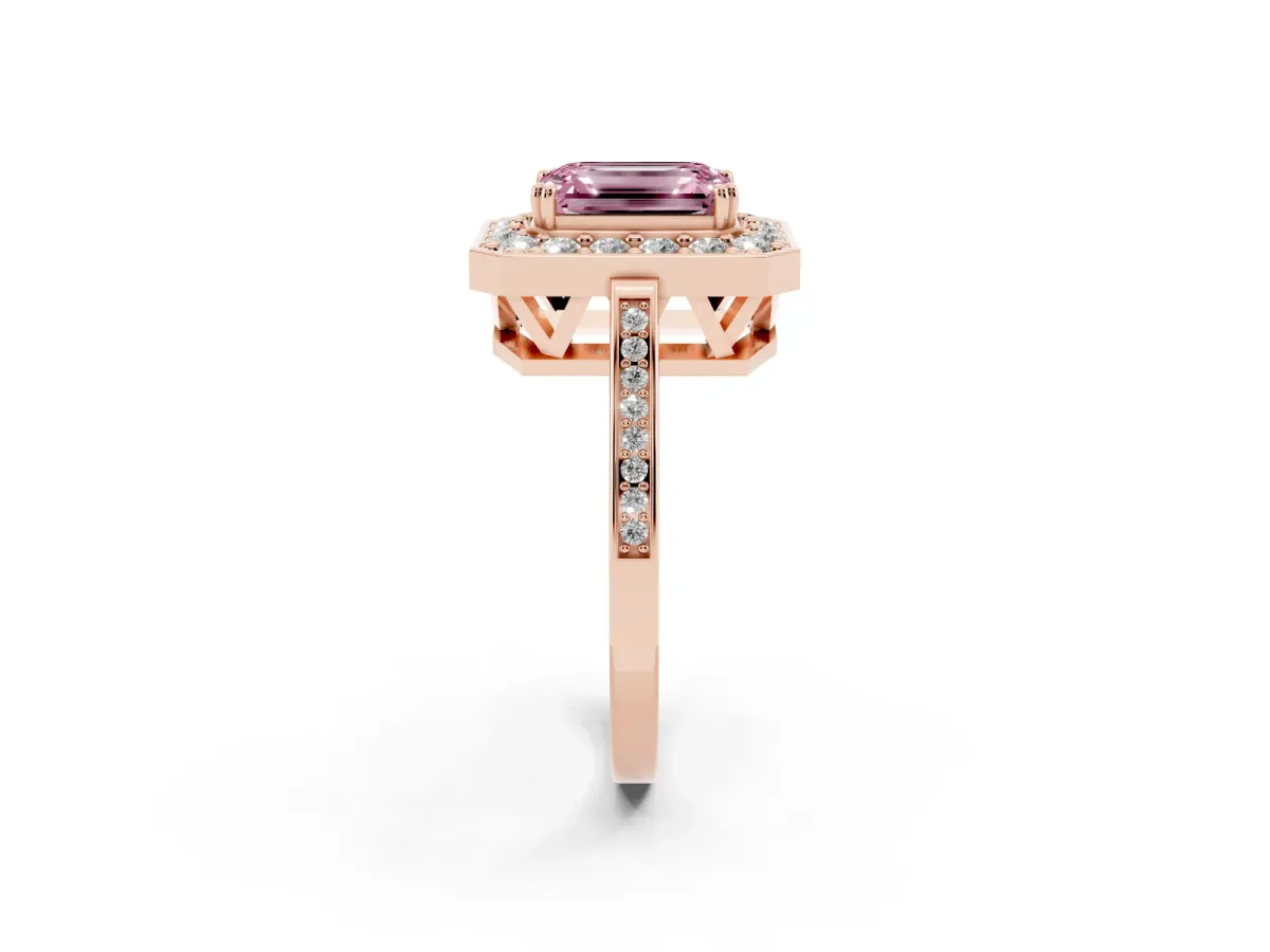 Fancy Pink Emerald Cut Diamond Halo Ring with Split Shank and Four-Prong Setting Rose gold