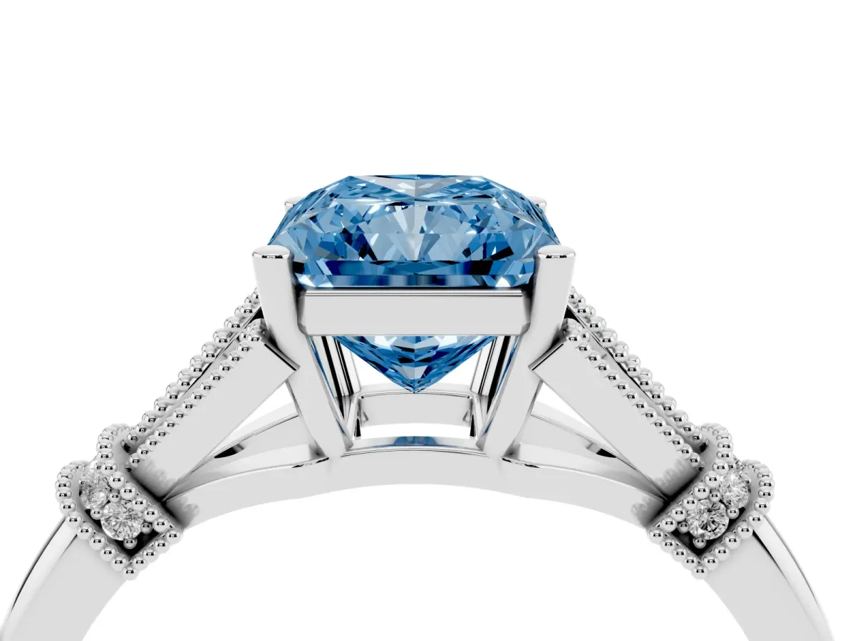 Fancy Blue Radiant Cut Diamond Solitaire Ring with Floral Filigree and Pave Accents White gold
