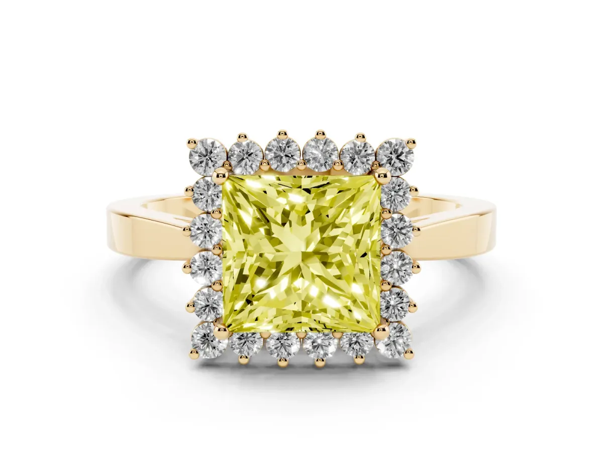 Fancy Yellow Princess Cut Cut Diamond Halo Ring with Round Brilliant Halo and Solitaire Band Yellow gold