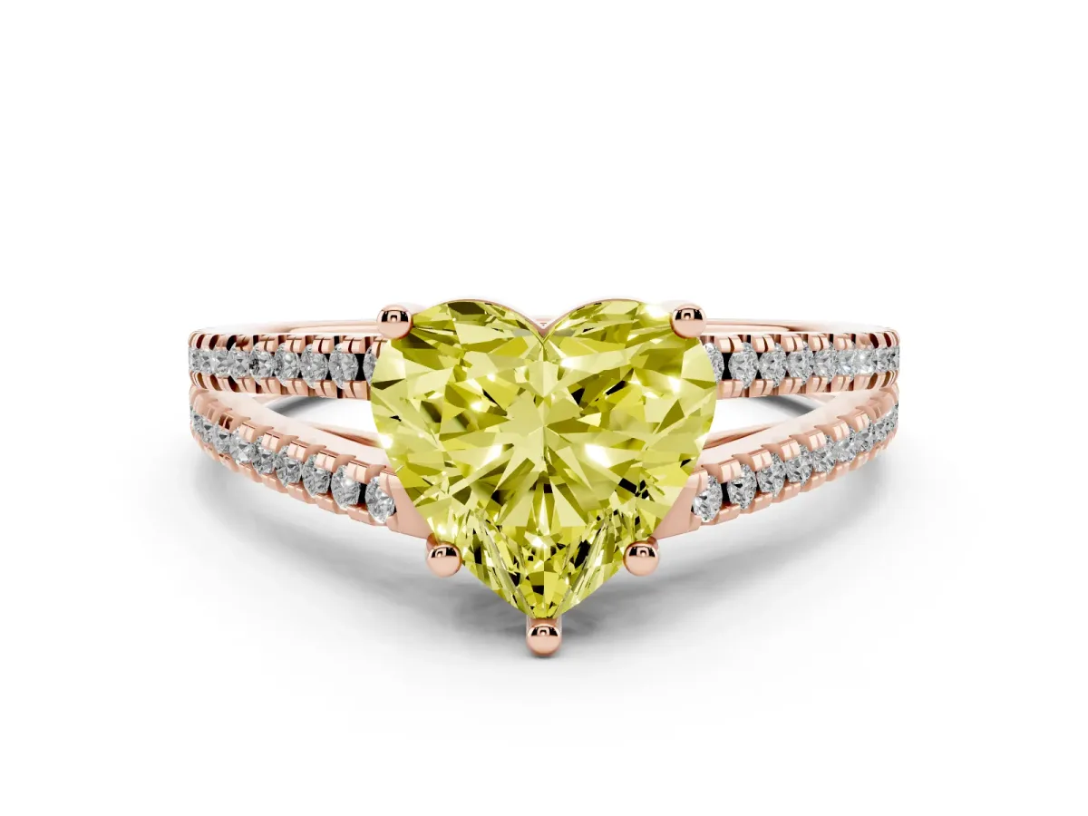 Fancy Yellow Heart Cut Diamond Solitaire Engagement Ring with Split Shank Pavé Band Rose gold