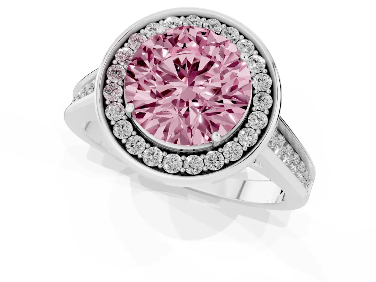 Fancy Pink Round Cut Halo Solitaire Diamond Ring with Pave Band and Bezel Setting Silver