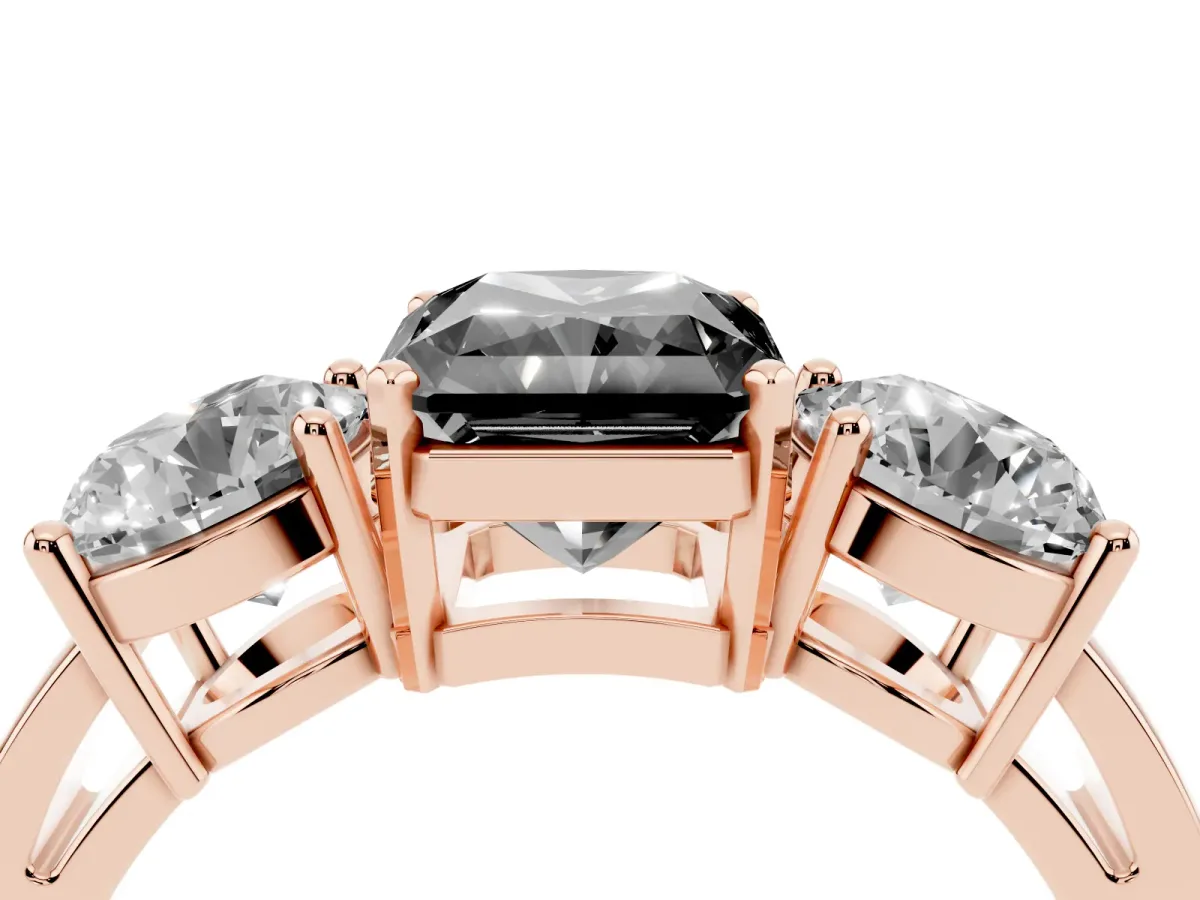 Fancy Black Three-Stone Radiant Cut Diamond Ring with Round Side Stones, Classic Band, and Four-Prong Setting Rose gold