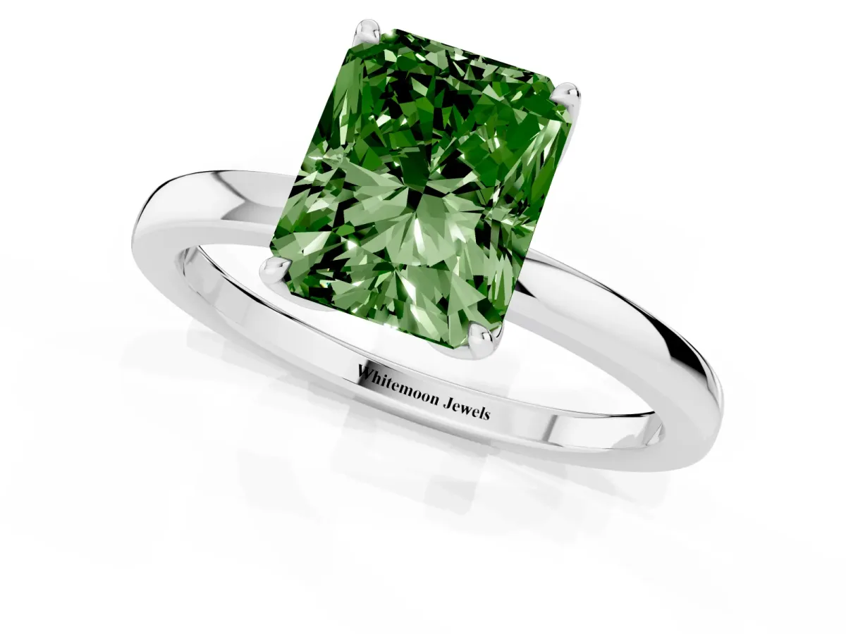 Fancy Green Radiant Cut Diamond Solitaire Ring with Thin Band and Prong Setting Silver
