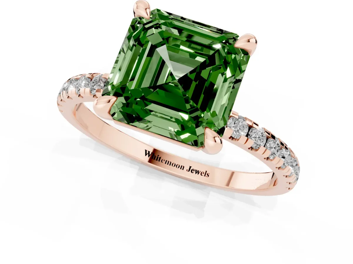 Fancy Green Asscher Cut Diamond Brilliant Solitaire Ring with Pavé Band and Four-Prong Setting Rose gold