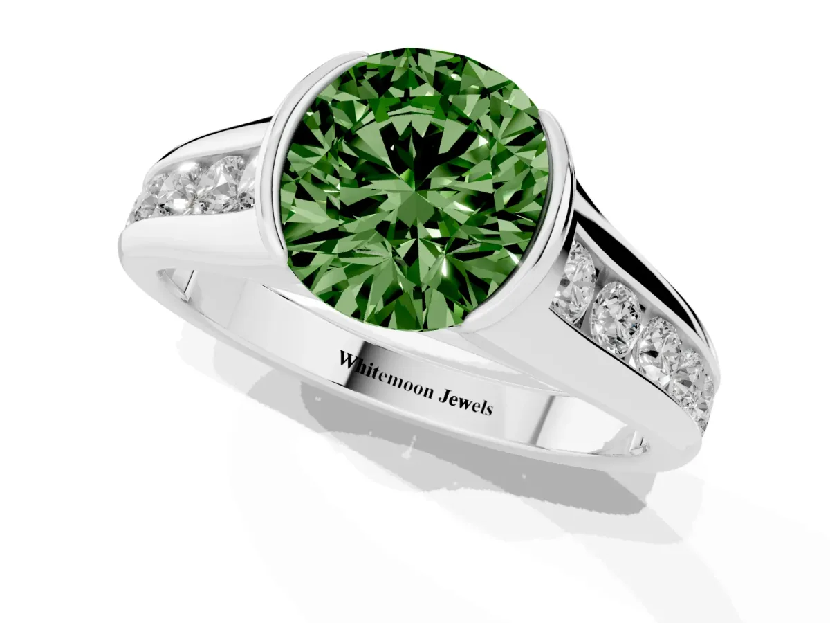 Fancy Green Round Cut Solitaire Bezel-Set Diamond Ring with Channel-Set Band Platinum