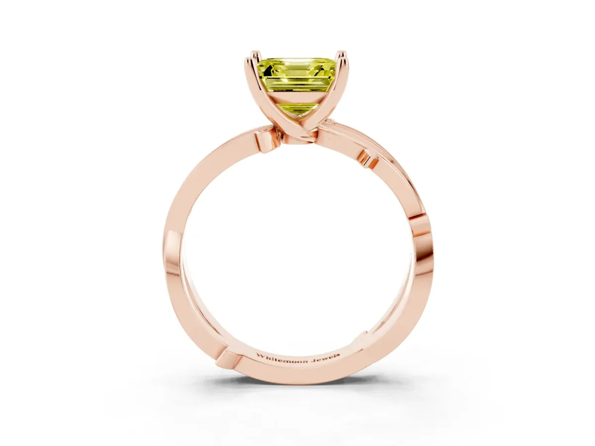 Fancy Yellow Asscher Cut Solitaire Twist Band with Pavé Accents and Four-Prong Setting Rose gold