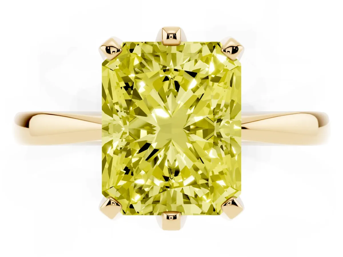 Fancy Yellow Radiant Cut Solitaire Engagement Ring with Six-Prong Setting and Tapered Band Yellow gold