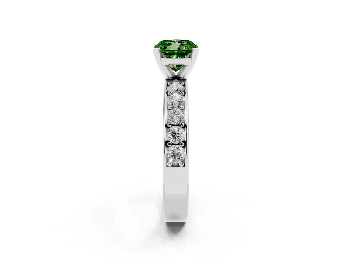 Fancy Green Cushion Cut Diamond Engagement Ring with Channel Set Round Band and Prong Setting Silver