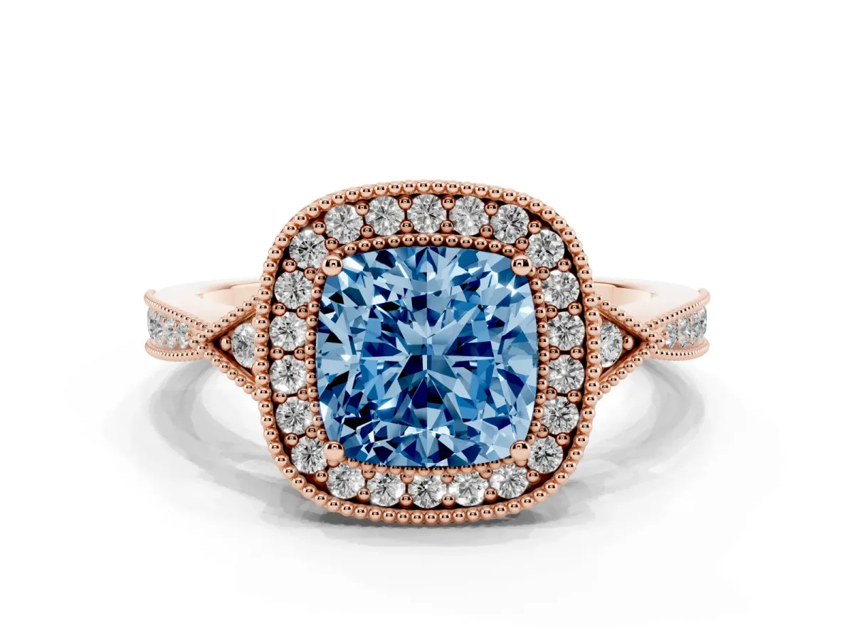 Fancy Blue Cushion Cut Halo Round Diamond Milgrain Pave Engagement Ring Rose gold