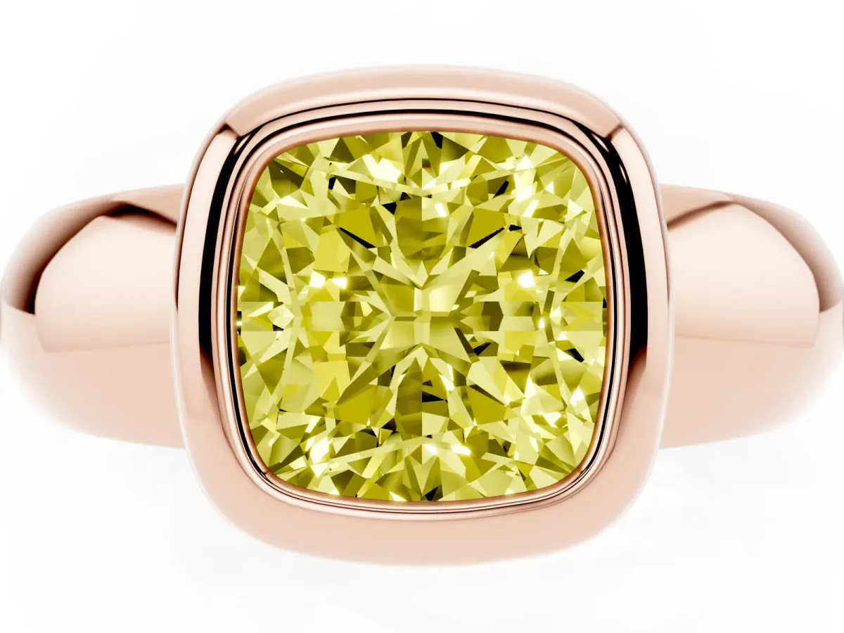 Fancy Yellow Bezel Set Cushion Cut Solitaire Ring with Wide Band Rose gold