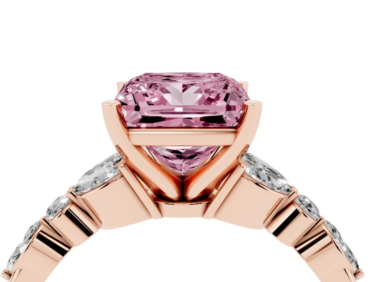 Fancy Pink Princess Cut Diamond Solitaire Ring with Side Stones and Four-Prong Setting Rose gold
