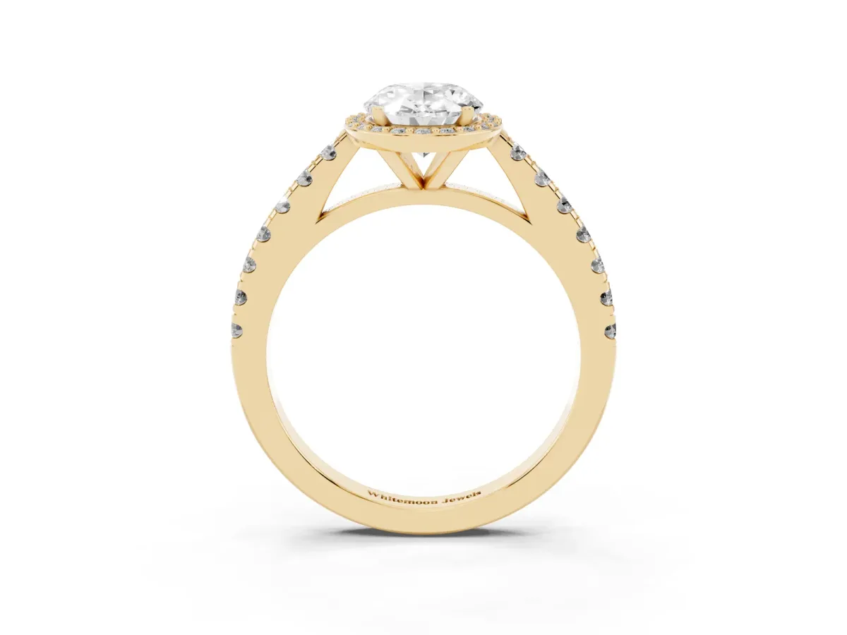 Oval Cut Cut Halo Diamond Engagement Ring with Pave Band and Four-Prong Setting Yellow gold
